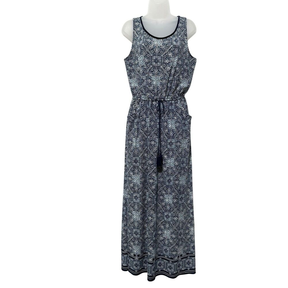 Max Studio Maxi Dress Small Sleeveless Blue Geometric Drawstring Waist Pockets
